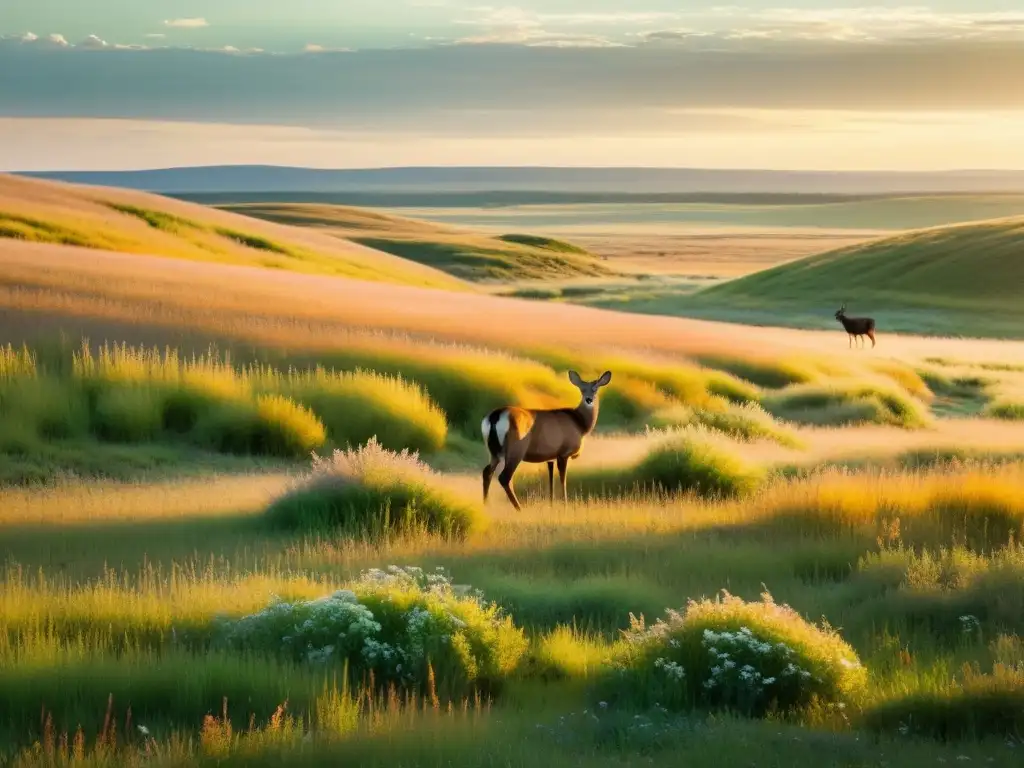 Una pradera extensa con hierbas nativas y flores silvestres, bañada por la cálida luz del sol