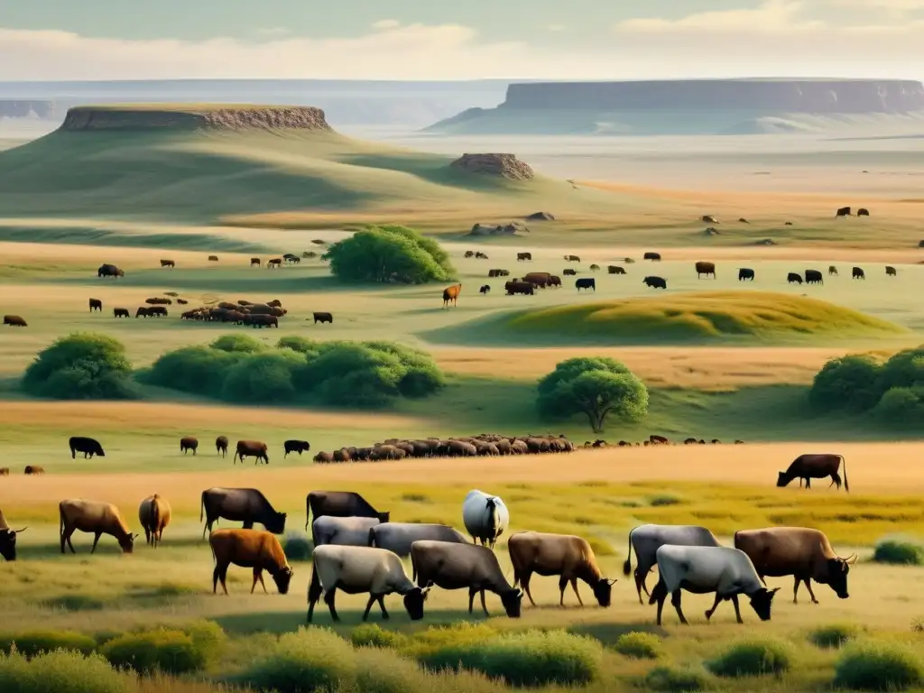 Paisaje de pradera vintage con rebaño detallado Ilustración vintage de pradera con manada de animales pastando