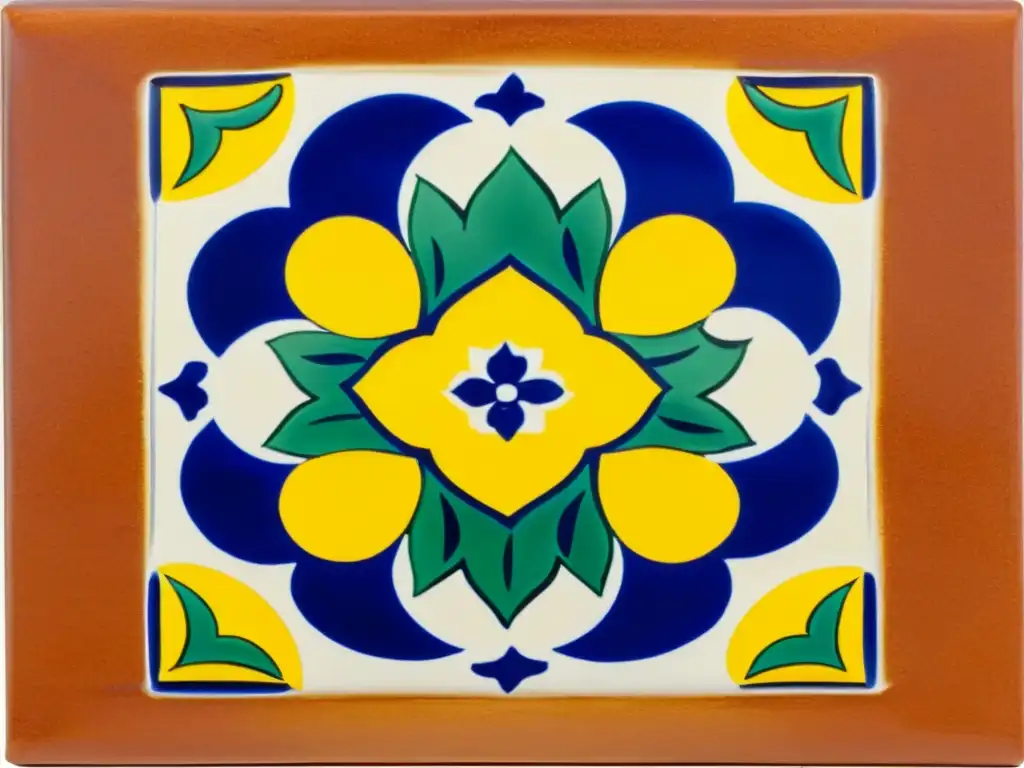 Una preciosa baldosa de Talavera Poblana con patrones florales en azul cobalto y detalles amarillos sobre un fondo terracota desgastado, resaltando la artesanía meticulosa y la importancia histórica de los azulejos de Talavera Poblana