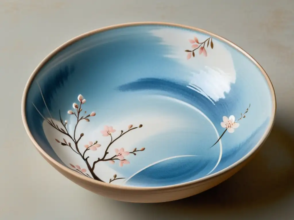 Una preciosa cerámica japonesa con patrones de flores de cerezo y delicados trazos en tonos suaves de azul, rosa y blanco