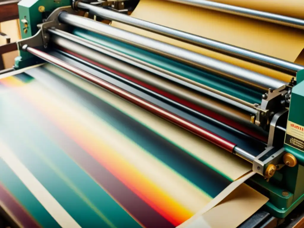Una prensa de impresión vintage en acción, creando patrones artísticos en campañas publicitarias con colores vibrantes y ricos sobre papel texturizado