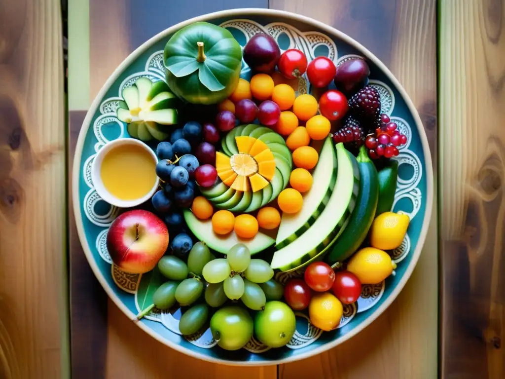 Una presentación artística de frutas y verduras con patrones de presentación de alimentos, evocando creatividad gastronómica