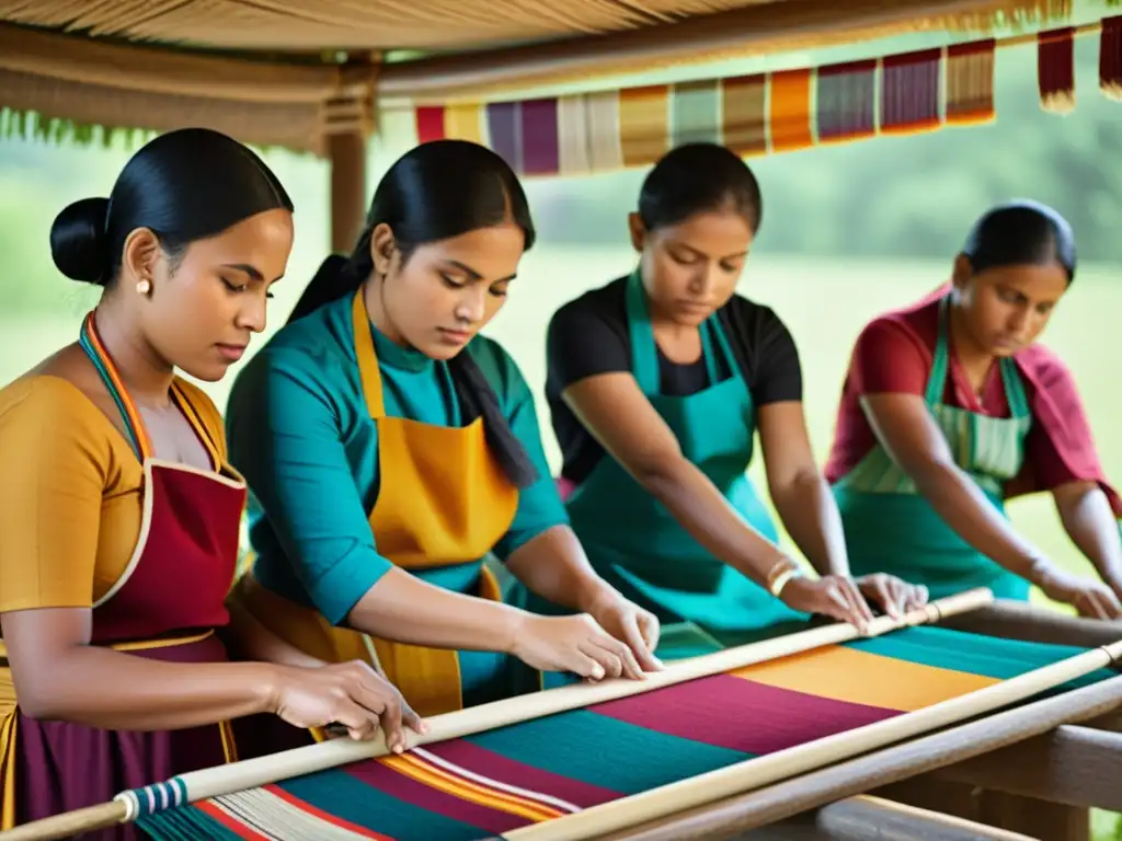 Preservación participativa de diseños culturales: Grupo diverso tejiendo textiles tradicionales con patrones vibrantes y colores llamativos