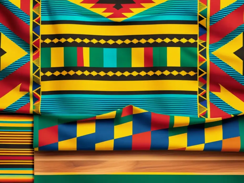 Un primer plano de un tradicional paño Kente africano, con sus intrincados patrones geométricos y colores vibrantes