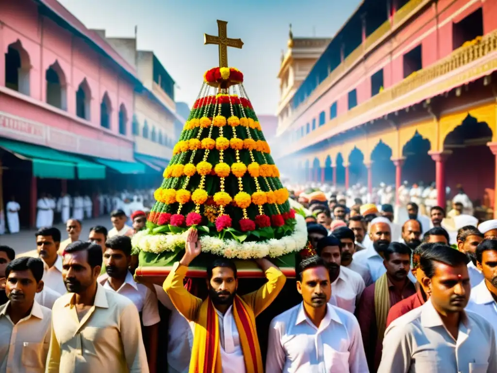 Una procesión religiosa vibrante en la India, con trajes tradicionales, decoraciones florales y símbolos religiosos