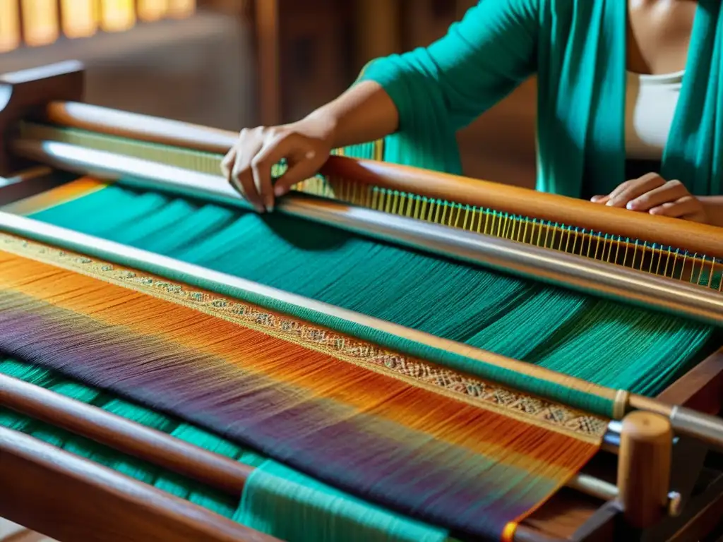 Proceso artesanal de tejido de pashmina cachemira en telar tradicional, exhibiendo maestría artesanal y tradición atemporal