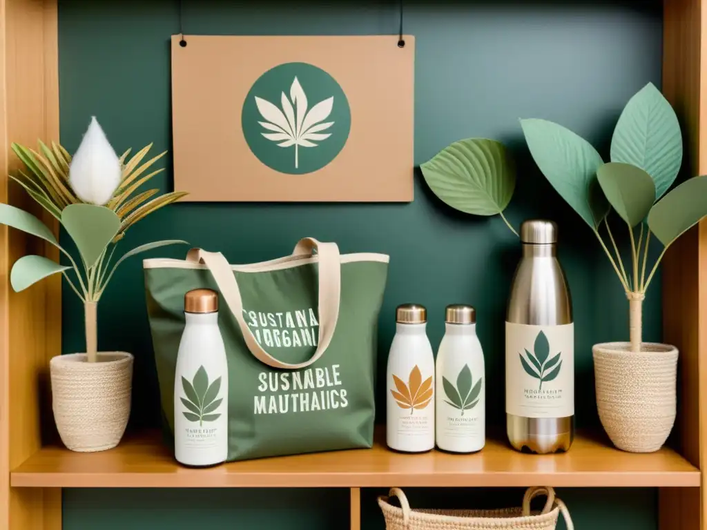 Exhibición vintage de productos ecológicos con patrones naturales en merchandising ecológico, creando una atmósfera cálida y acogedora