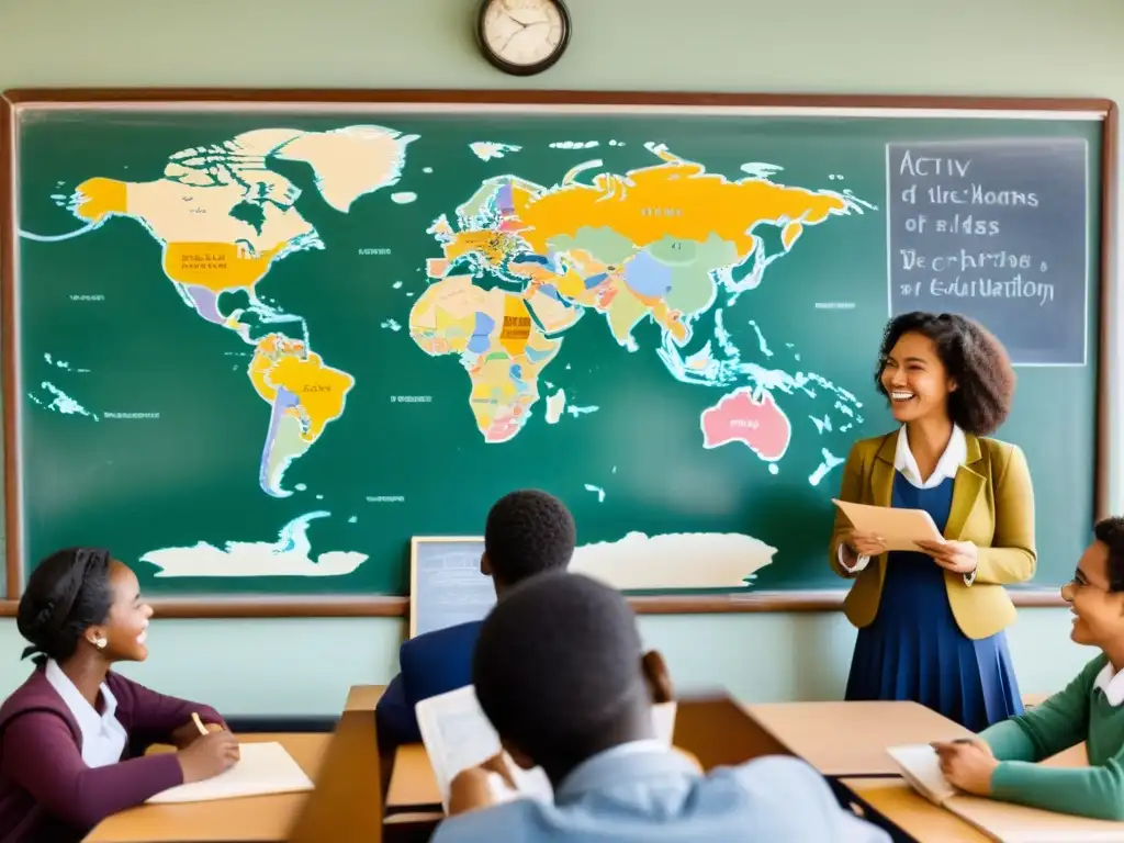 Profesor y estudiantes de diferentes culturas debatiendo en un aula vintage, rodeados de mapas y pósters educativos