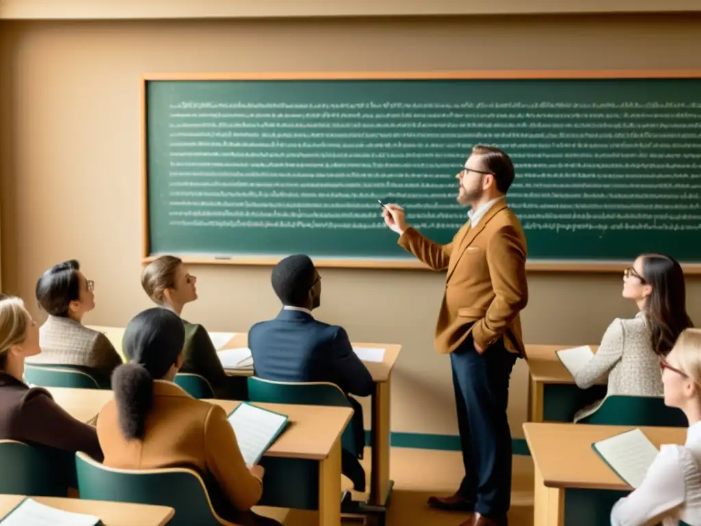 Profesor y estudiantes debaten patrones repetitivos en una atmósfera vintage cálida y académica, perfecta para clases online de psicología