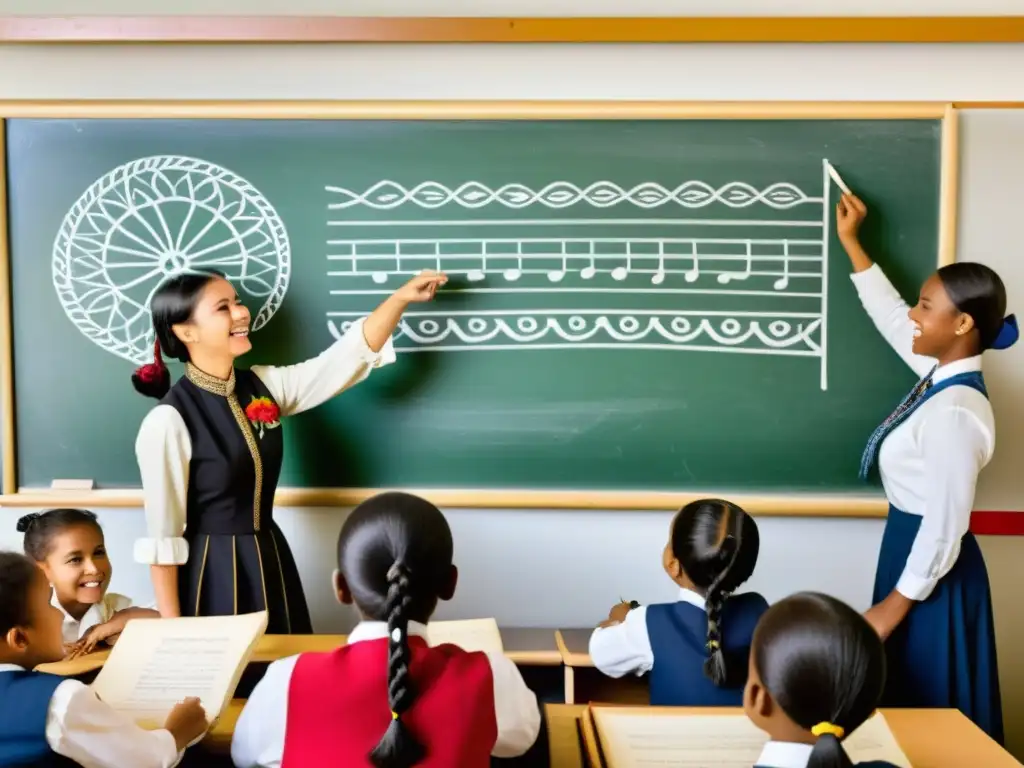 Profesor enseña un patrón folclórico a estudiantes en un aula llena de elementos culturales