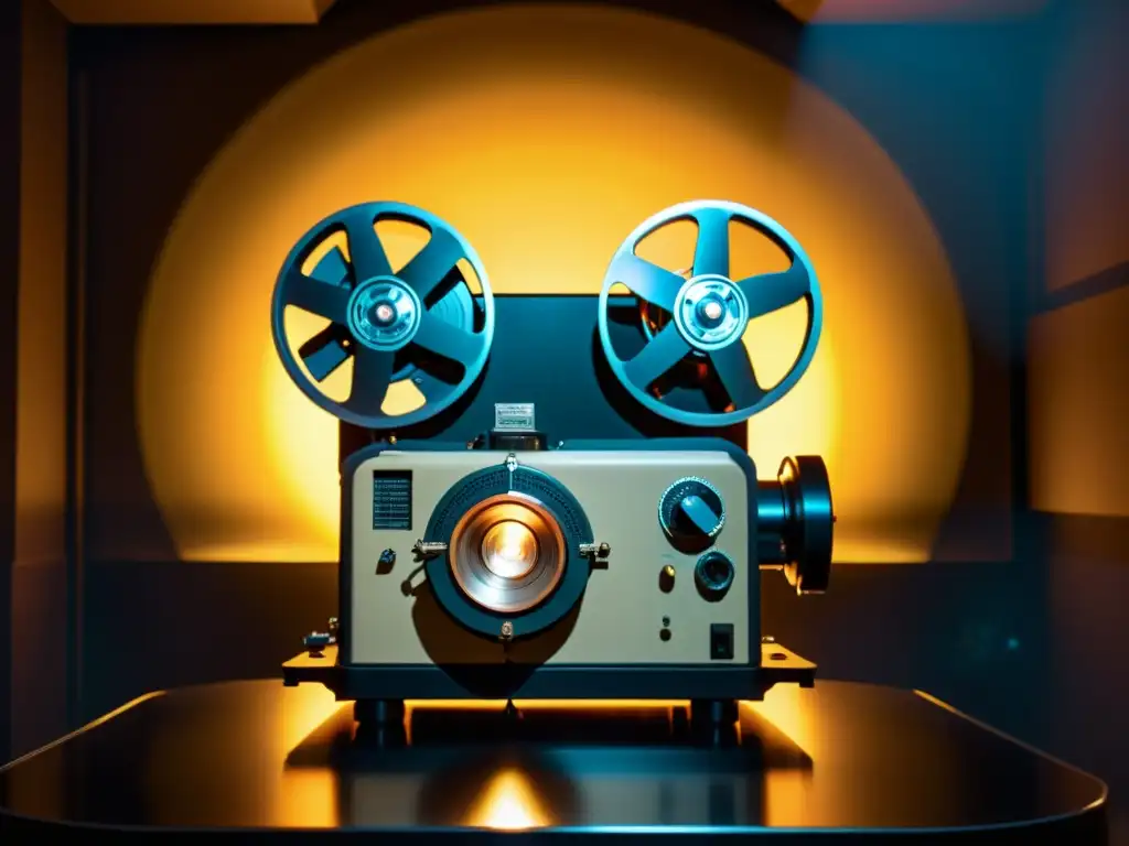 Un proyector de cine vintage muestra una detallada obra de arte digital en alta resolución, con una cálida luz que ilumina la habitación