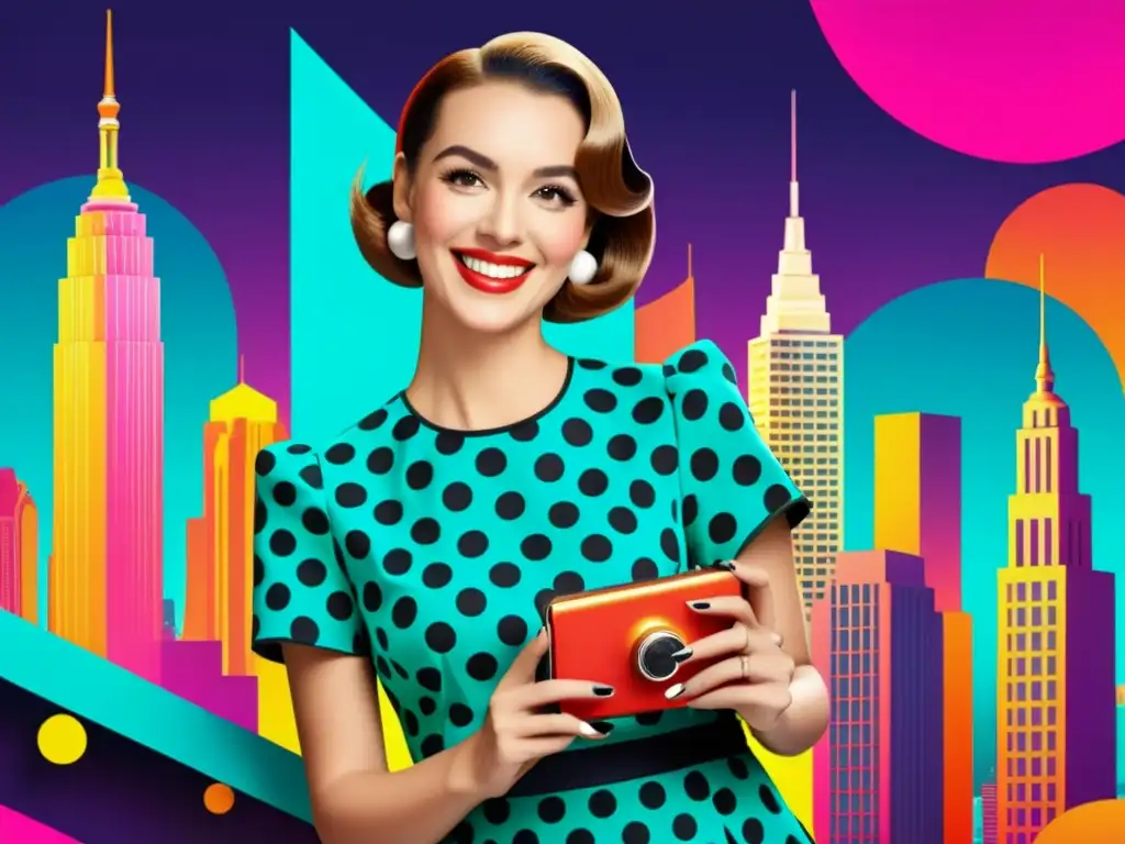 Publicidad digital con impacto y patrones de diseño vintage, una mujer elegante con un dispositivo móvil futurista en una ciudad retro