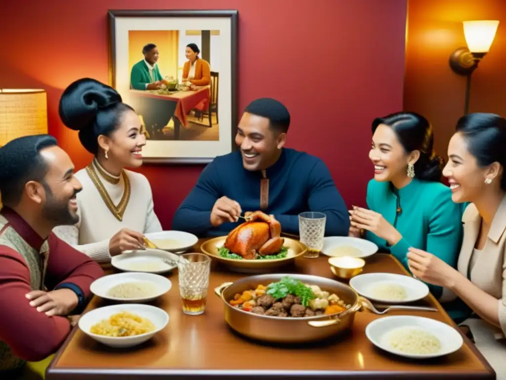 Publicidad digital con patrones étnicos: Grupo diverso disfruta comida en restaurante acogedor, celebrando cultura y diversidad