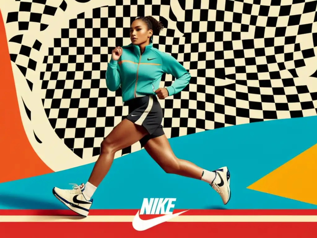 Publicidad global con patrones artísticos en vintage Nike: atletas diversos en acción, potenciando fuerza y determinación