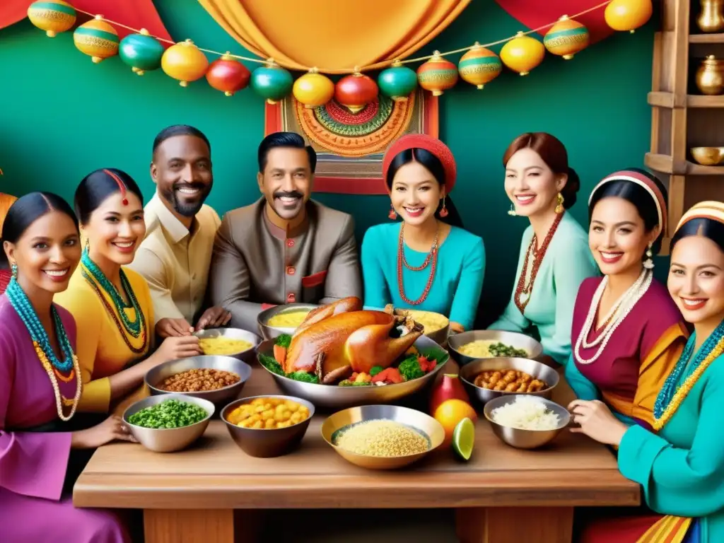 Publicidad con patrones artísticos mostrando diversidad cultural en un animado mercado con gente compartiendo comida y celebrando la unidad global