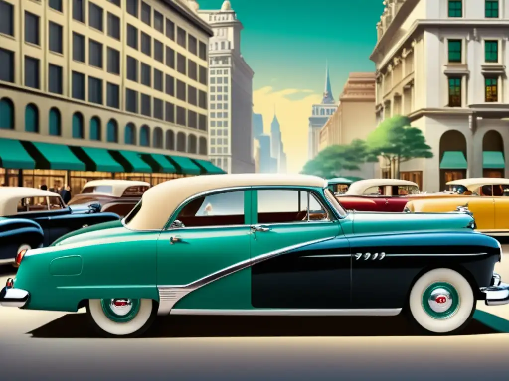 Una publicidad vintage de los años 50 con una pareja elegante frente a un coche clásico en una bulliciosa calle de la ciudad