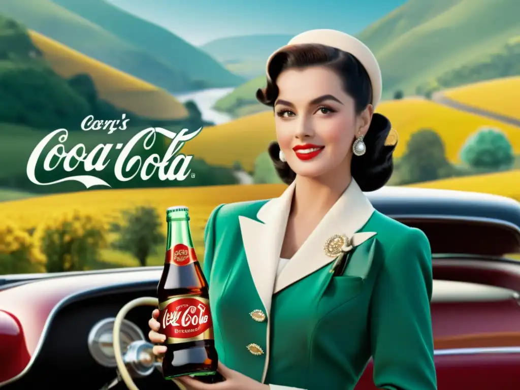 Una publicidad vintage con una mujer elegante sosteniendo una botella de refresco frente a un coche clásico en el campo