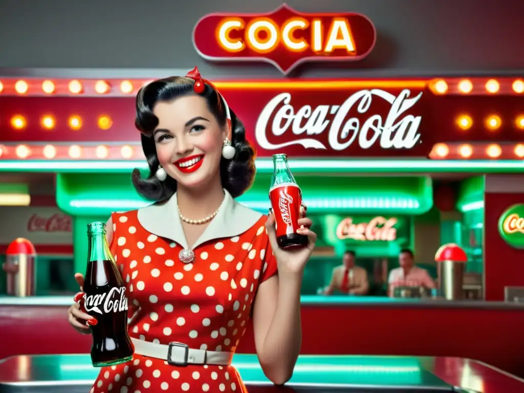 'Una publicidad vintage de CocaCola con una mujer en un vestido de lunares de los años 50, sosteniendo una botella de refresco con una gran sonrisa