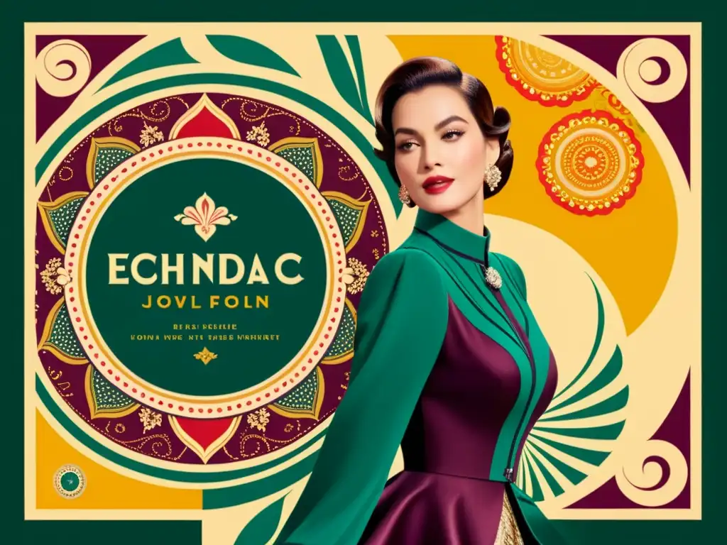 Publicidad vintage con patrones artísticos y colores vibrantes, evocando elegancia y sofisticación en un anuncio de moda femenina