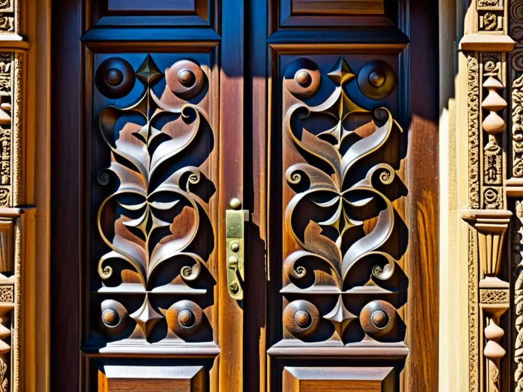 Una puerta de madera colonial con patrones decorativos arquitectura colonial, desgastada por el tiempo, pero llena de historia y artesanía