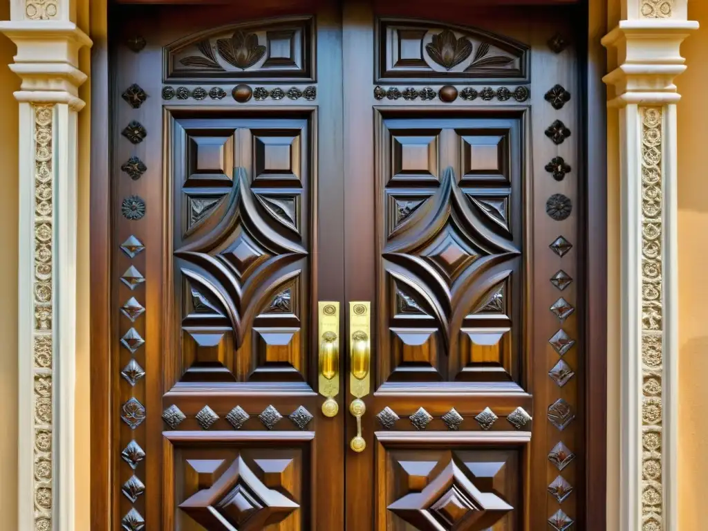 Una puerta de madera tallada con patrones decorativos arquitectura colonial, evocando elegancia y herencia cultural