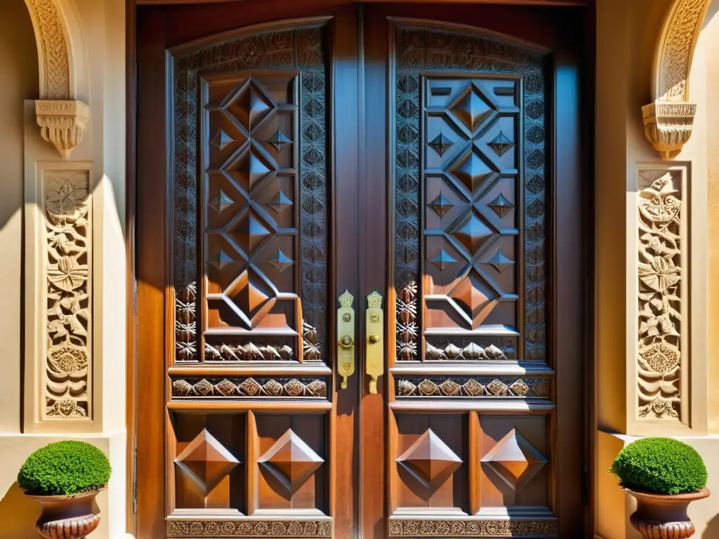 Una puerta de madera tallada con patrones decorativos de la arquitectura colonial en tonos terrosos y exquisita artesanía