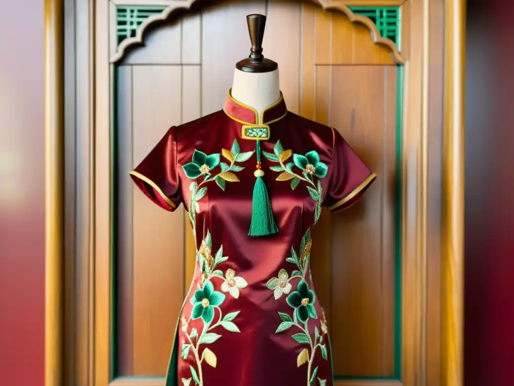 Un qipao chino tradicional bordado con motivos florales en colores vibrantes