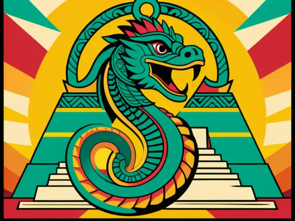 Ilustración vintage de Quetzalcóatl, la serpiente emplumada, en colores vibrantes y detalles intrincados, enredada alrededor de una pirámide con símbolos del arte y la cultura azteca