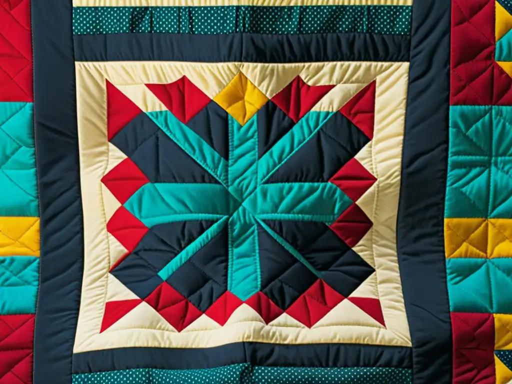 Una fotografía vintage de un quilt Amish, con patrones geométricos y colores llamativos