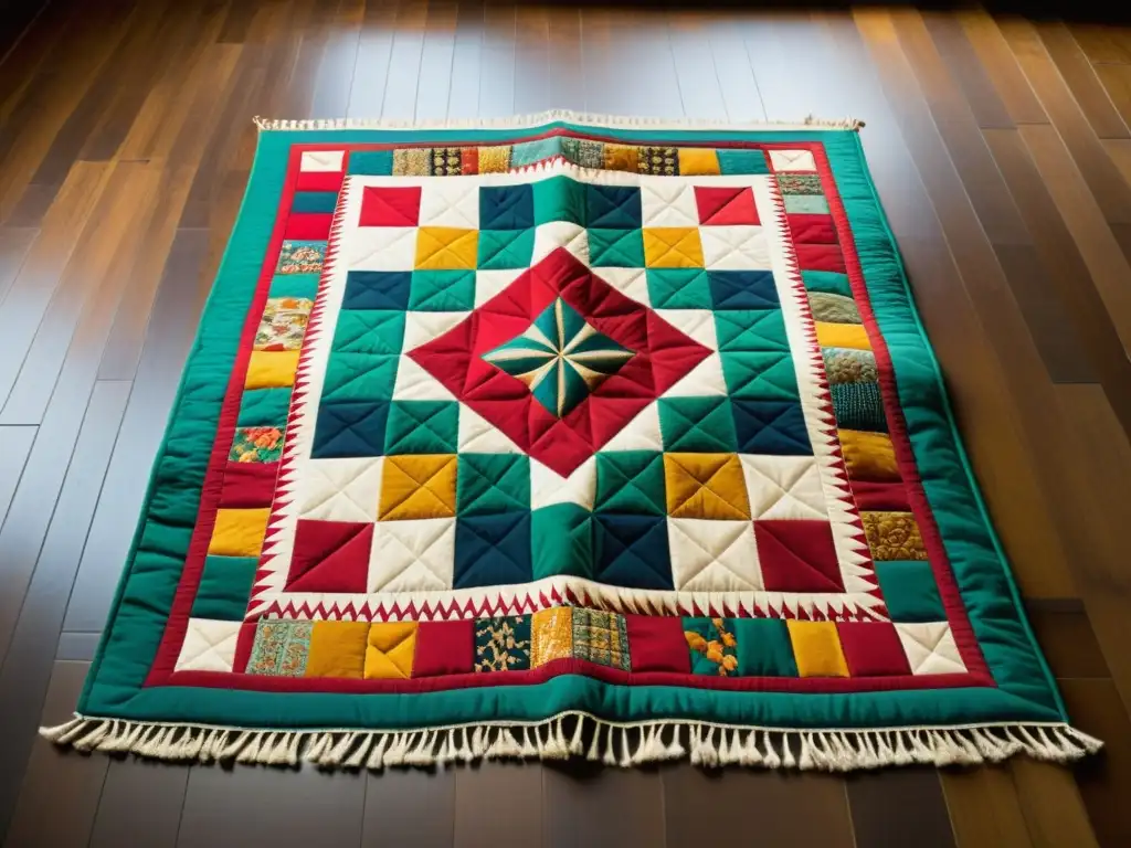 Un quilt tradicional de la India con patrones de patchwork que cuentan historias a través de coloridos bordados y símbolos, evocando tradición y arte