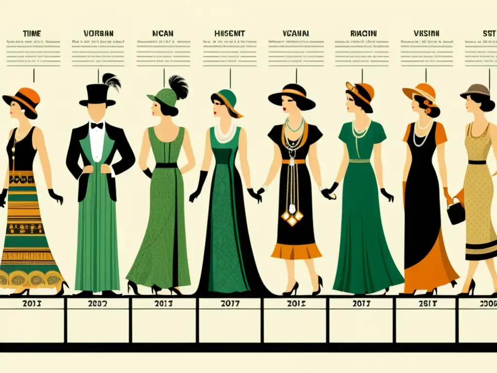 Un recorrido visual por la evolución histórica de patrones moda festiva, desde la antigüedad hasta la actualidad, en tonos terrosos y detalles intrincados