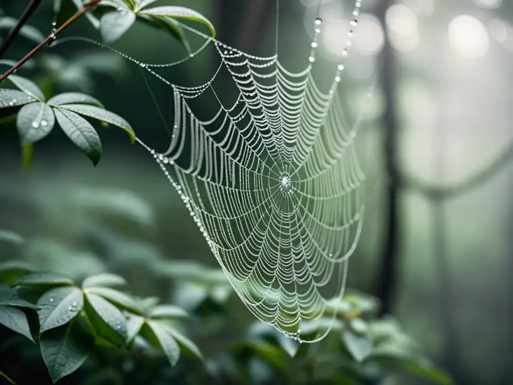 Telaraña con rocío en bosque místico Una red de araña en un bosque neblinoso, con gotas de rocío y una estética vintage