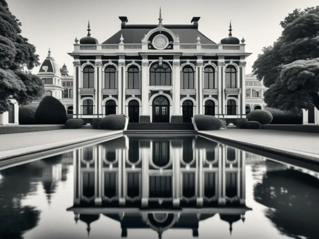 Reflejo simétrico de edificio antiguo en agua quieta