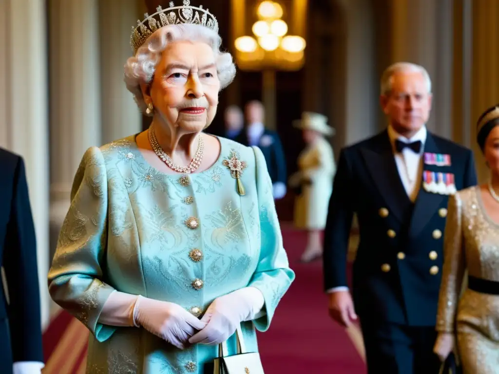 La Reina Isabel II luce un vestido vintage elaborado con bordados intrincados y joyas deslumbrantes, reflejando el poder y la autoridad