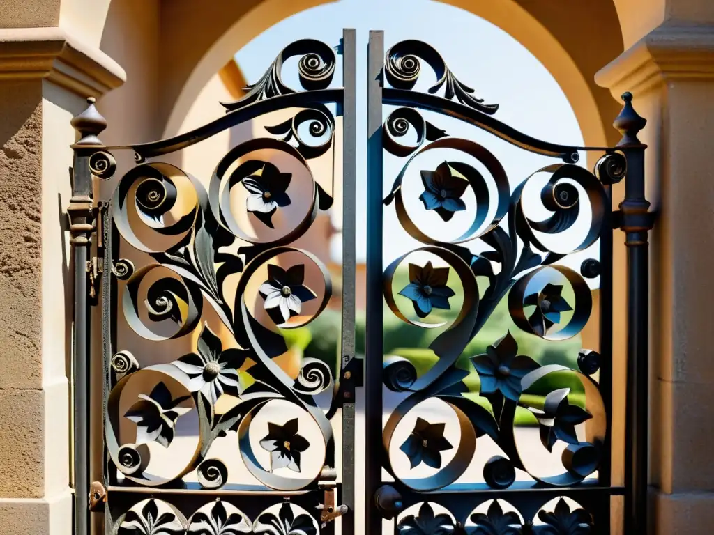 Una reja barroca con patrones artísticos, desgastada por el tiempo, bañada por la luz del sol