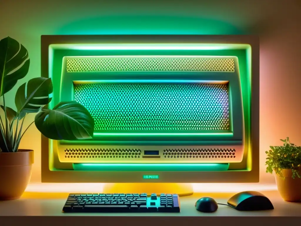 Una relajante pantalla de computadora vintage muestra un patrón hipnótico de colores pastel y formas geométricas, impacto de diseños repetitivos salud mental