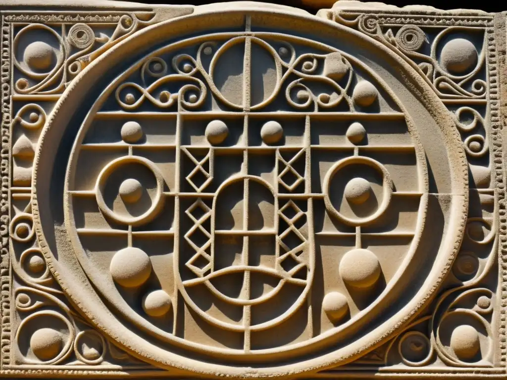 Relieve de piedra erosionado con patrones arquitectónicos antigua Mesopotamia, evocando la artesanía y significado espiritual