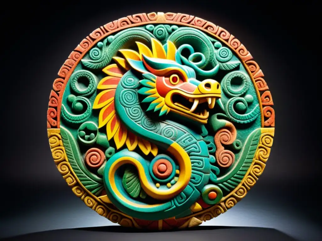 Relieve de Quetzalcoatl en piedra, con patrones iconográficos y colores vibrantes, evocando la iconografía de dioses en Latinoamérica