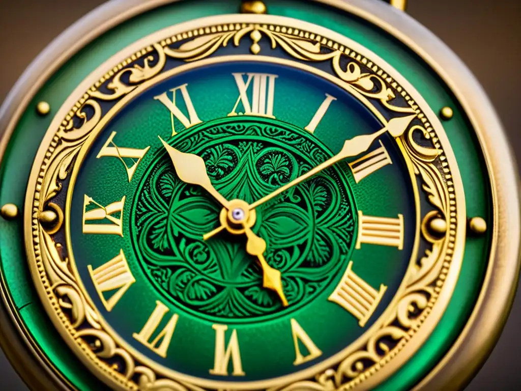 Un reloj de bolsillo antiguo europeo de diseño intrincado, con grabados ornamentales y esfera de números romanos