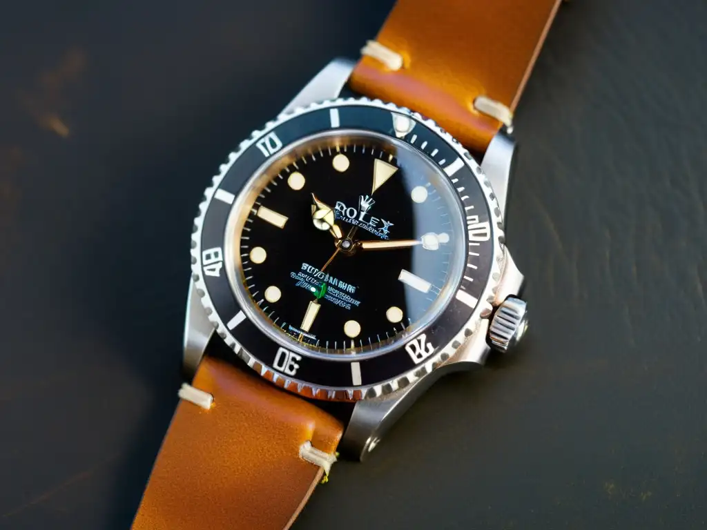 Un reloj vintage Rolex Submariner con marcadores de hora y manecillas luminescentes sobre cuero envejecido