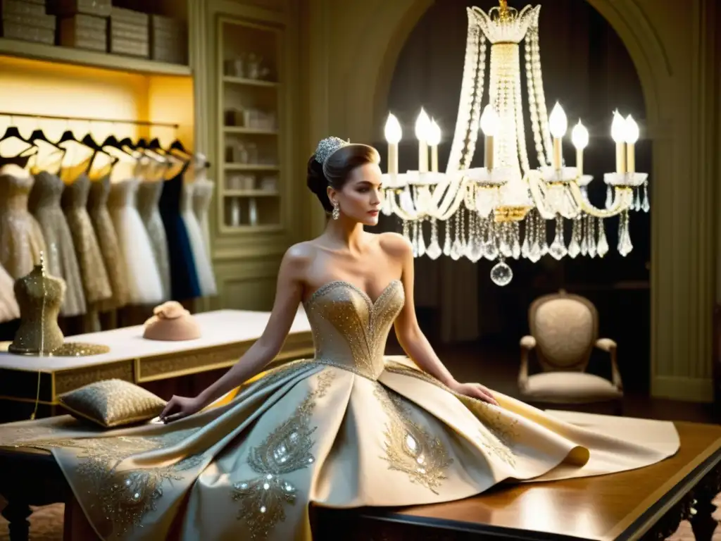 Alta costura: Creación de un diseñador de renombre Un renombrado diseñador de moda en su lujoso taller de alta costura, rodeado de patrones artísticos y exquisitas telas