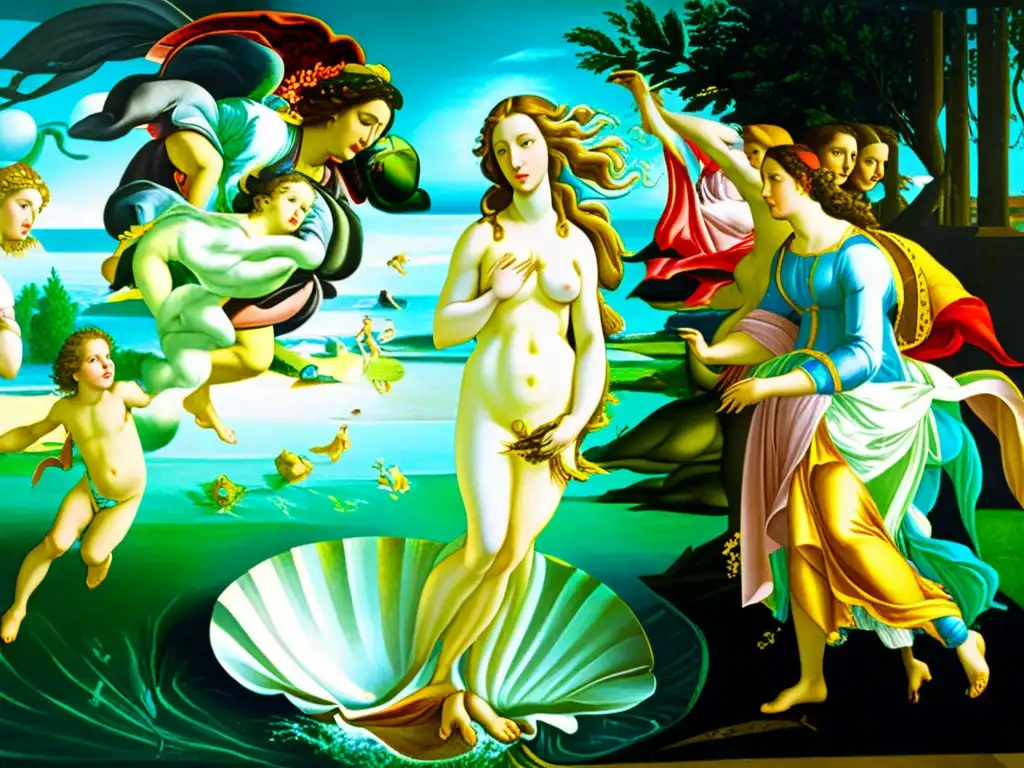 Una representación detallada de 'El nacimiento de Venus' de Botticelli, exaltando la belleza y los patrones artísticos renacentistas italianos