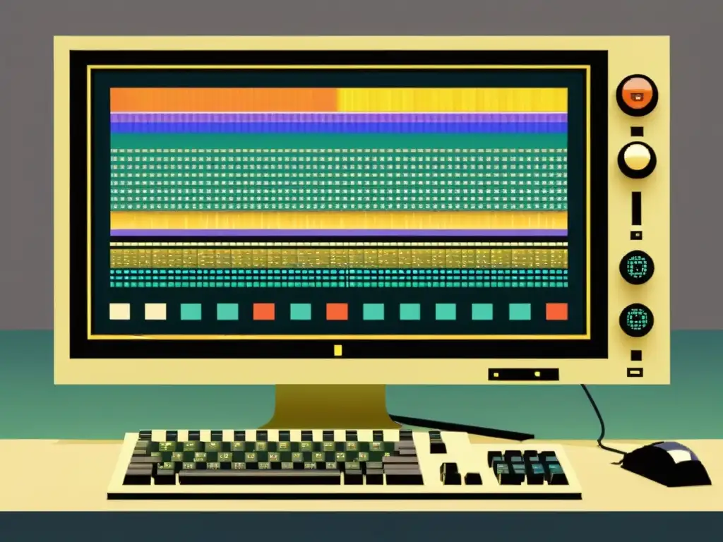 Una representación detallada en 8K de la evolución de patrones artísticos en interfaces de usuario, desde estilos tradicionales hasta modernos, en una pantalla de computadora vintage