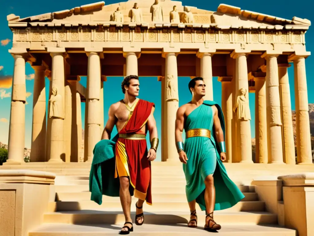 Cartel de película vintage con temática greco-romana en 8k Representaciones de Patrones GrecoRomanos Cine: Póster vibrante inspirado en la antigua Grecia y Roma, con actores y arquitectura clásica