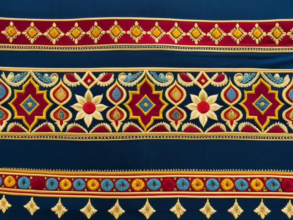 Rescate de patrones textiles antiguos India: Textil vintage con bordados hindúes, espejos y colores vibrantes sobre madera rústica