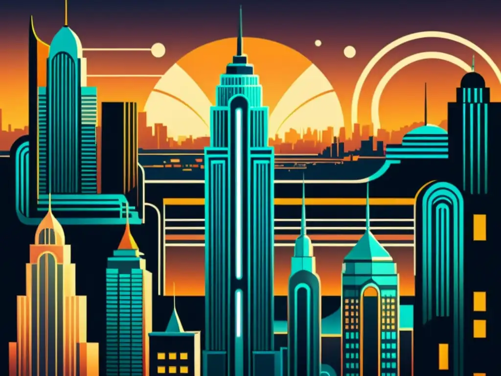 Una ilustración vintage de alta resolución de una ciudad futurista con patrones intrincados y ornamentados en edificios y calles