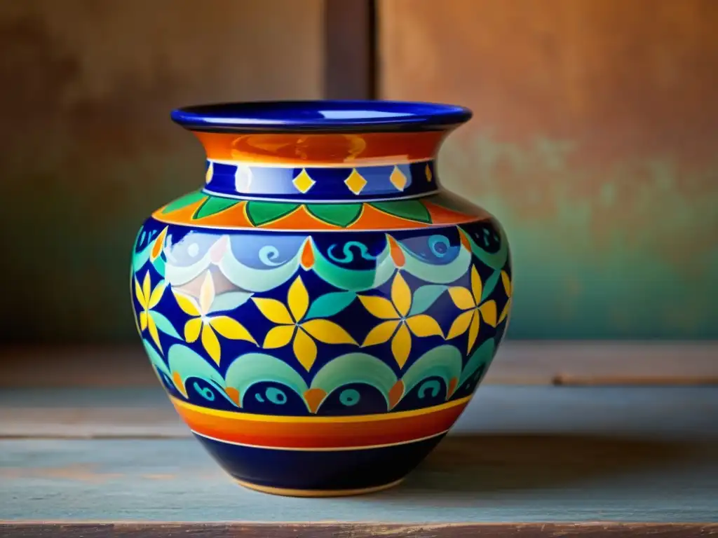 Vibrante arte en cerámica Talavera: belleza atemporal Una fotografía de alta resolución estilo vintage de un intrincado jarrón de cerámica de Talavera, con colores vibrantes, patrones detallados y artesanía tradicional