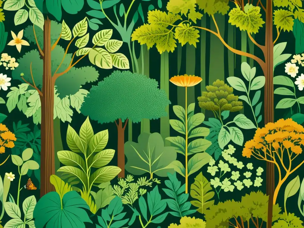 Bosque encantado de naturaleza exuberante y detalles cautivadores Una ilustración vintage de alta resolución de un exuberante y detallado bosque, imitando patrones de naturaleza con IA