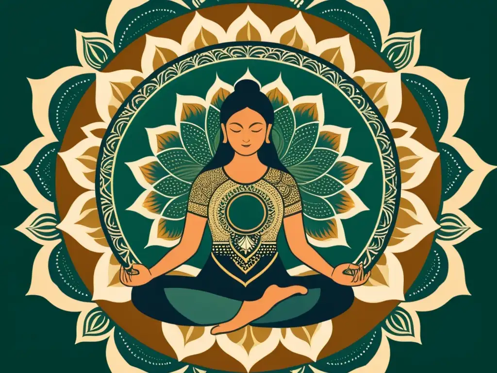 Una ilustración vintage de alta resolución de una figura serena meditando en un mandala, rodeada de patrones geométricos intrincados y tonos terrosos