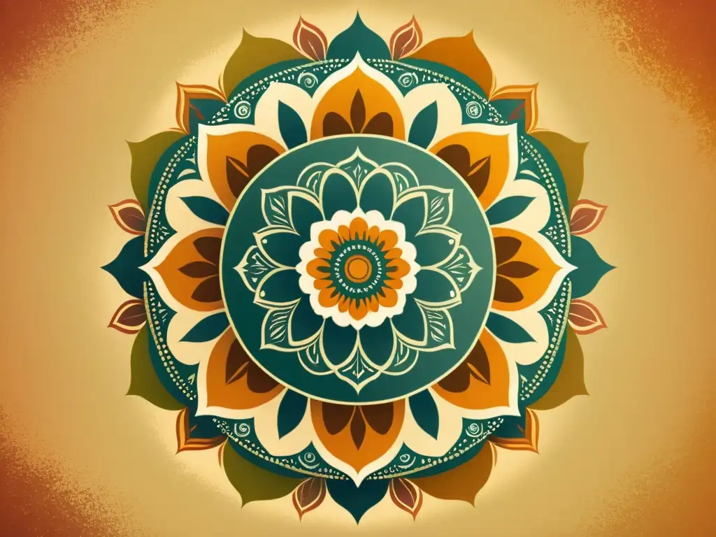 Una ilustración vintage de alta resolución de un mandala floral con tonos cálidos y textura desgastada